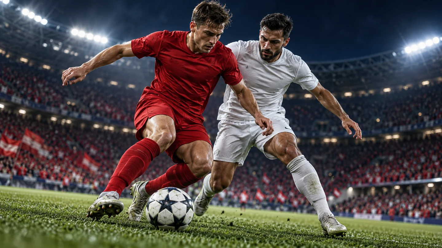 KI-generiertes Symbolbild: Fußballspieler in roten und weißen Trikots im Zweikampf.