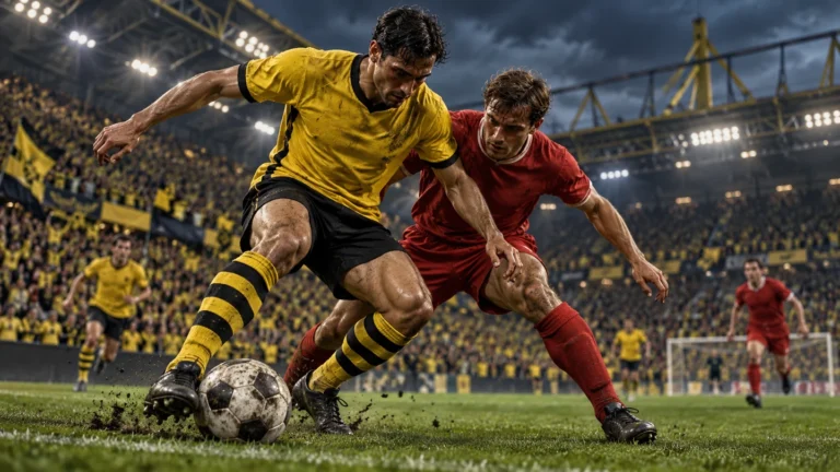 KI-generiertes Symbolbild: Fußballspieler in Gelb-Schwarz und Rot im Zweikampf.